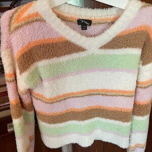 Girls striped v-neck art class sweater, fuzzy and soft with multicolored stripes